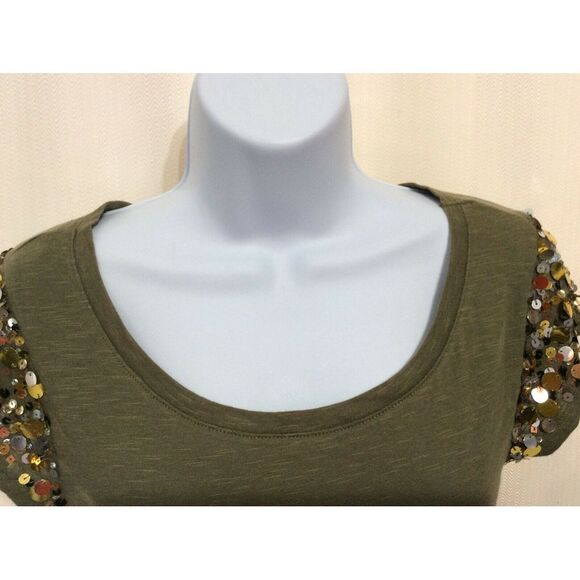 Eye Candy Women’s Size Medium Olive Green Cap Sequined Sleeve Top Scoop Neck Pep - Picture 2 of 7